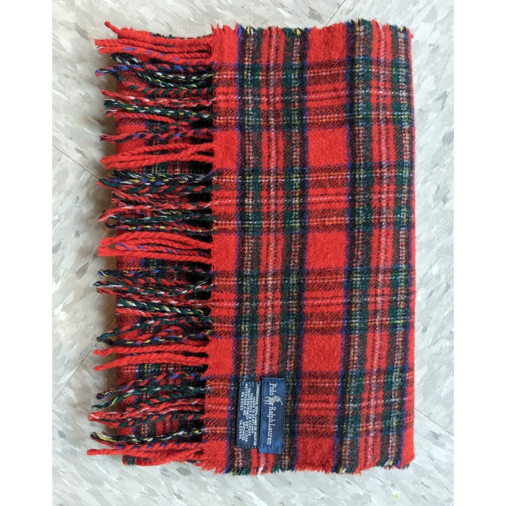 Polo Ralph Lauren Red Tartan Plaid Lambswool Scarf Made in Scotland Fringe Logo